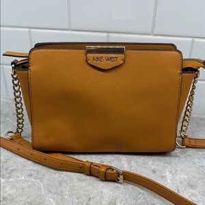 Nine West Tan Crossbody Bag with Boxy Shape and Metal Logo